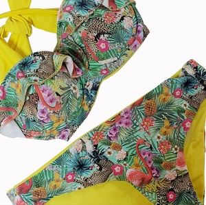MALAI cheetah flamingo tropical bikini set. Top Size S, bottom size M.